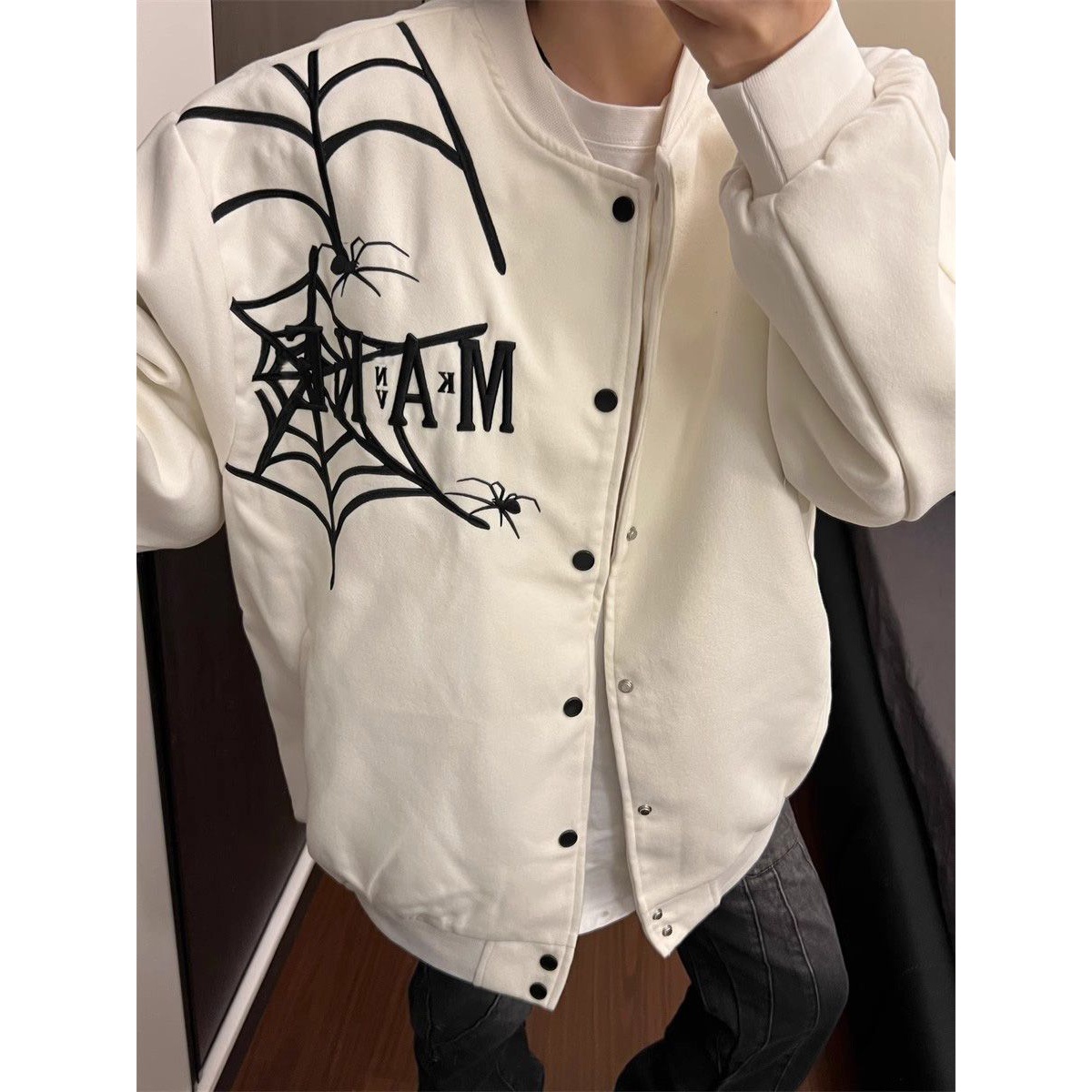 美式街头蜘蛛网刺绣棒球服棉衣冬季夹棉男女宽松潮流加厚外套潮牌
