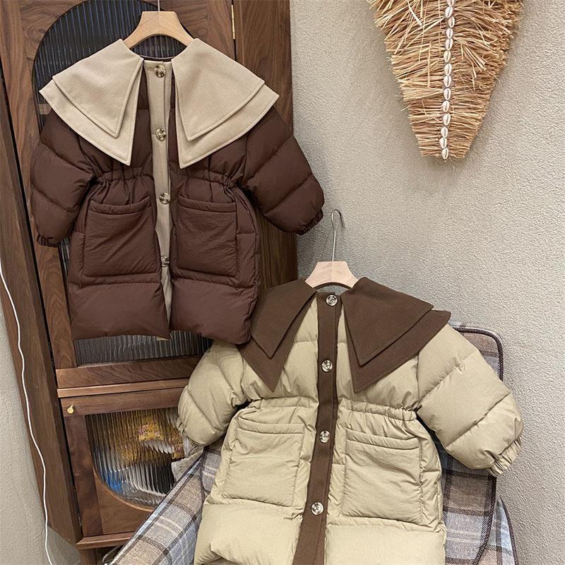 韩国童装女童翻领加厚棉服中长款2023冬装中小童收腰撞色棉袄外套