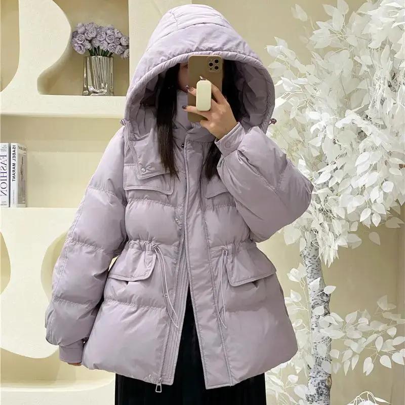 羽绒服新款2023新款韩系芋泥紫收腰羽绒服女中长款冬装白鸭霏
