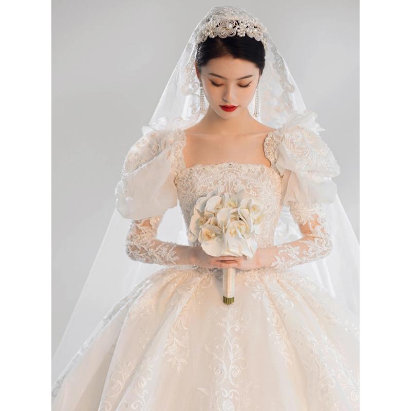 主婚纱2023新款新娘大拖尾高级质感法式复古重工奢华长袖在逃公主