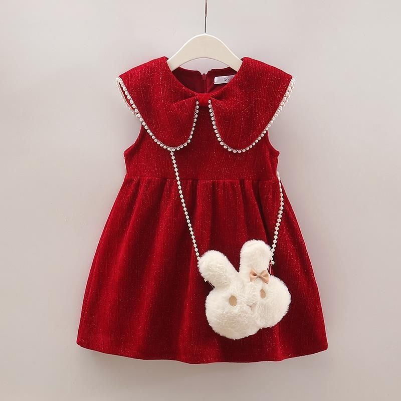 女童连衣裙春秋冬装娃娃领裙子儿童雪尼尔红色背心裙公主裙秋冬款