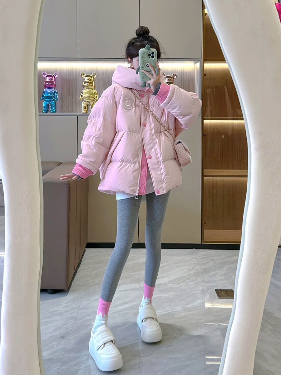 粉色小个子羽服女2023年秋冬季新款宽松加厚保暖甜美时尚外套