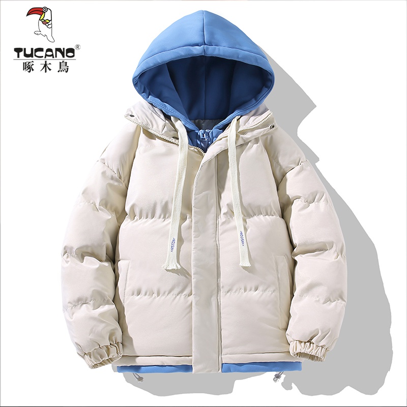 连帽外套男秋冬季情侣袄子棉服男款棉衣假两件面包服