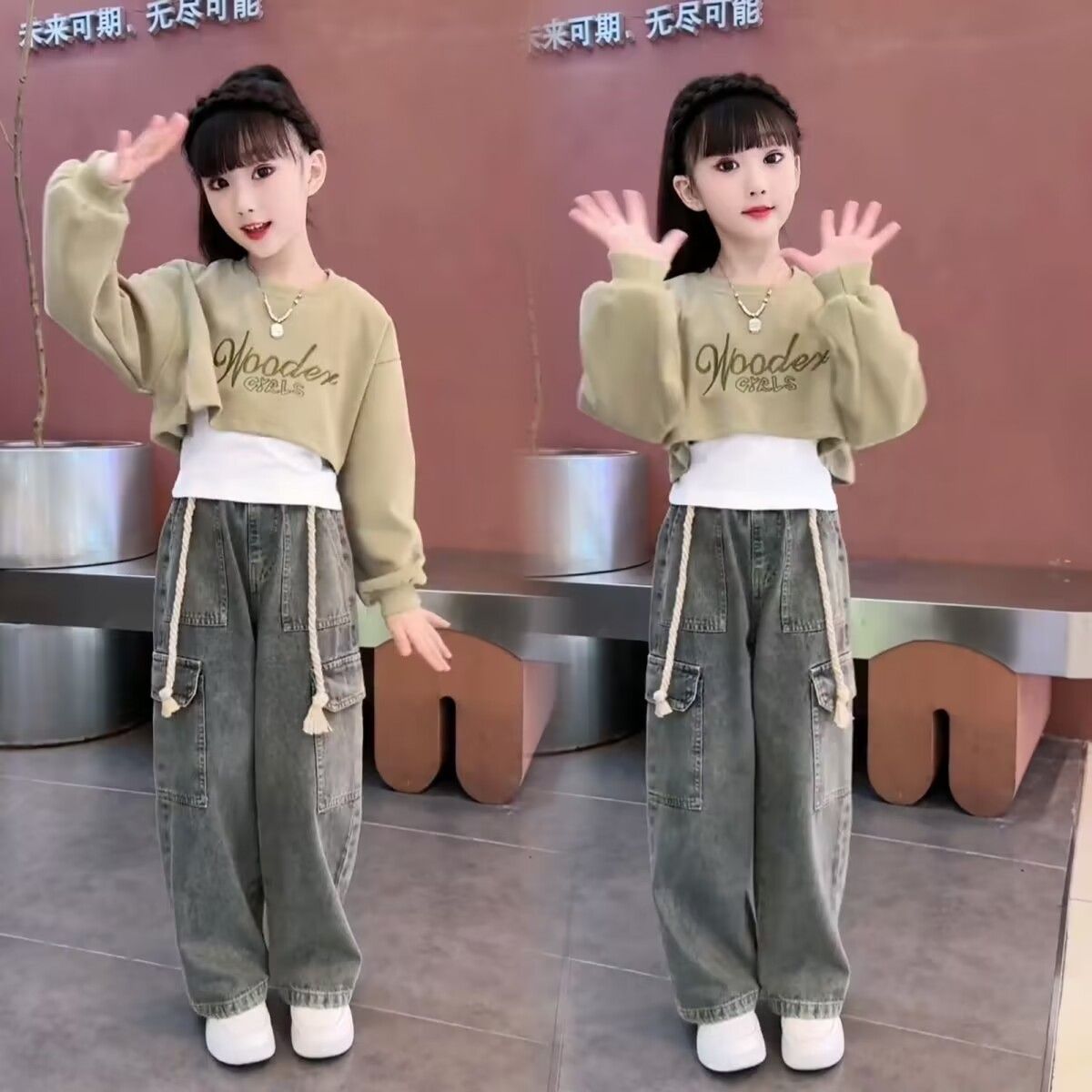 女童秋装三件套2023新款韩版女孩时髦背心卫衣工装牛仔裤网红套装