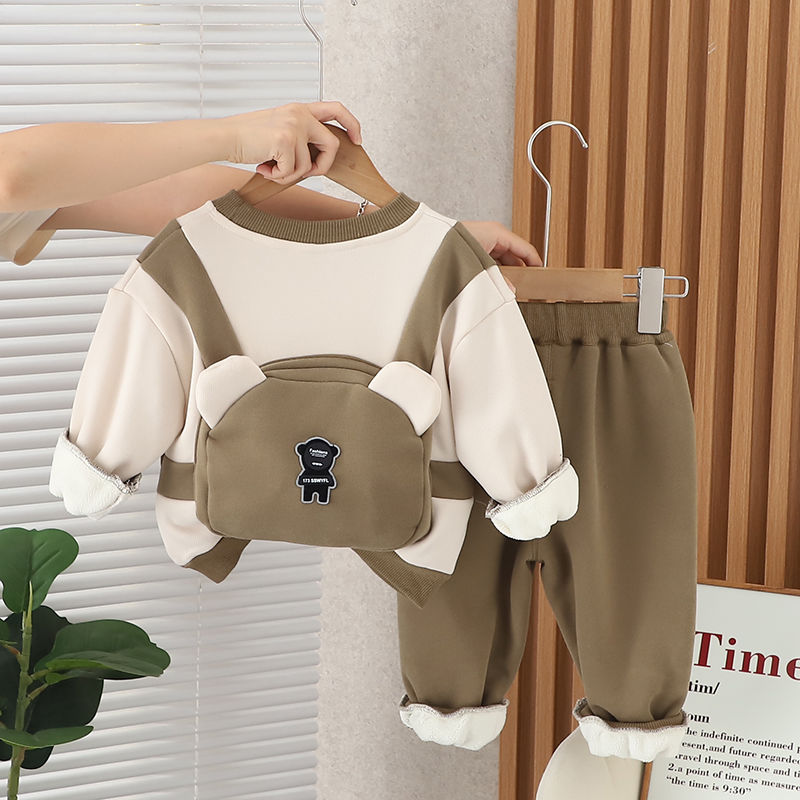 吧啦男宝宝秋冬加绒套装新款婴儿童冬装洋气男童冬季加厚卫衣两件