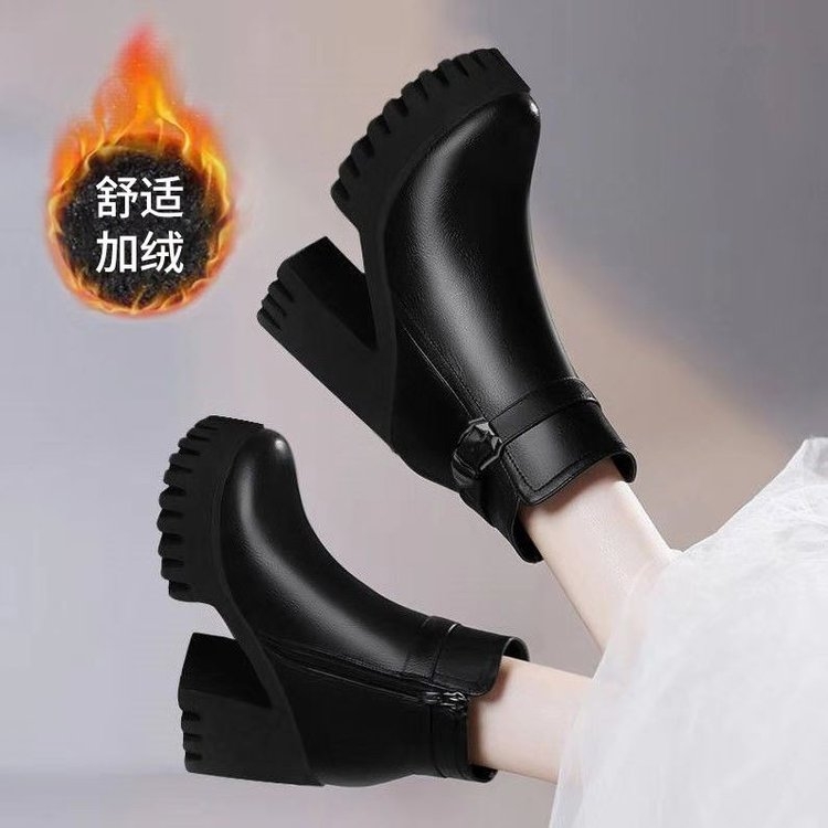 女高跟2023秋冬新款软皮百搭粗跟女靴厚底冬鞋英伦风短靴