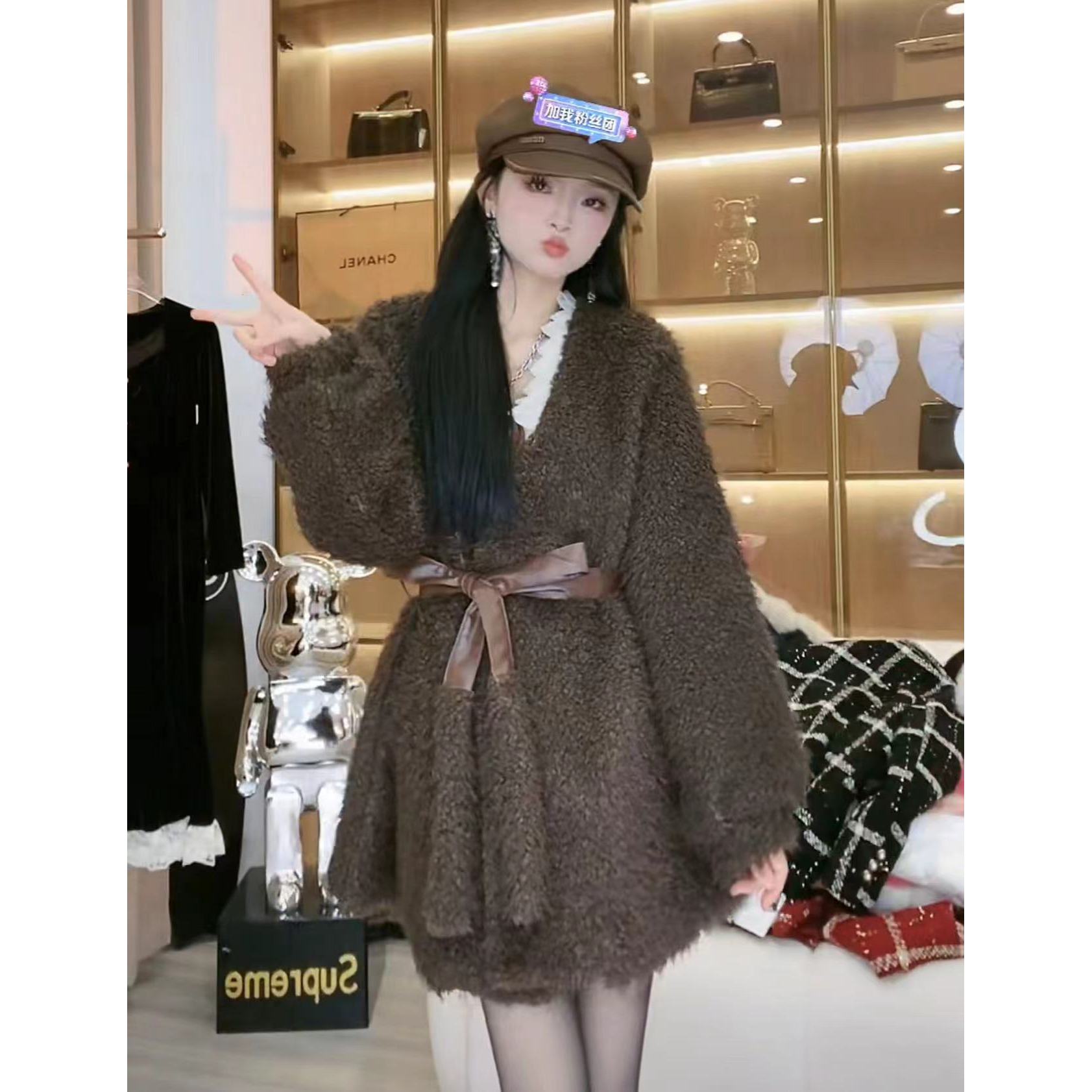 【秀宝女装】小个子百搭时尚加棉加厚宽松显瘦毛毛外套XB7163