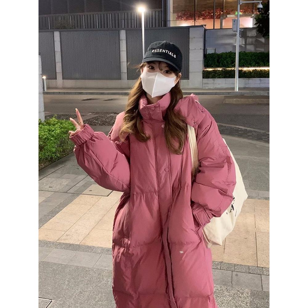 波司登树莓粉泡芙长款棉衣女宽松显瘦过膝款面包服显瘦羽绒棉服外