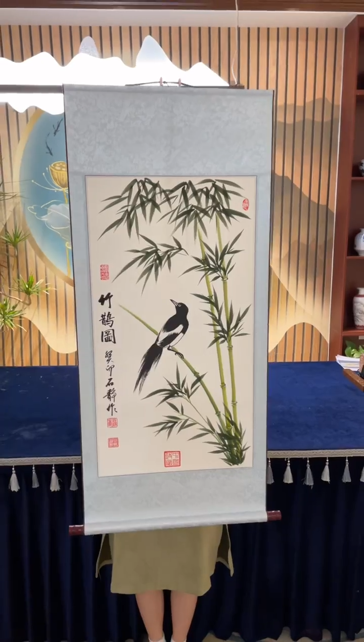 【闪购商品】书法C-石静-竹鹊图-三尺竖白轴231220