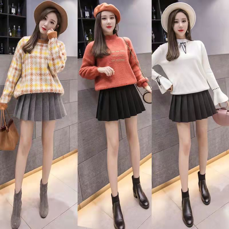 加厚毛呢百褶裙高腰显瘦半身裙学院风字裙松紧腰百搭防走光短裙