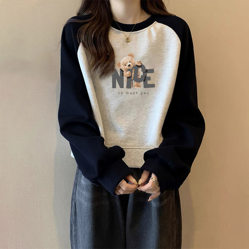 秋冬新款设计感小众短款圆领撞色卫衣女加绒慵懒风休闲外搭上衣