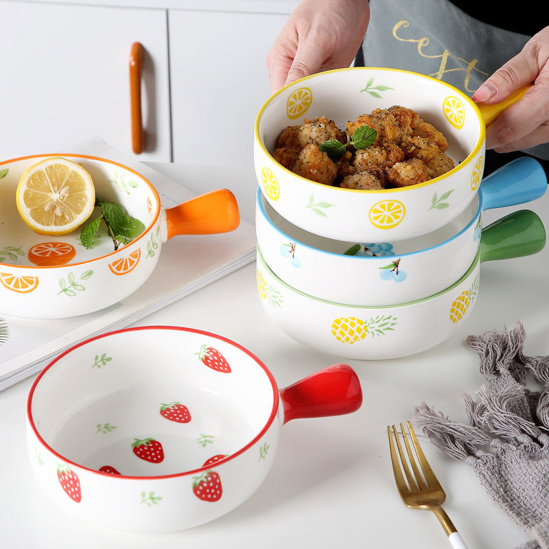 创意水果沙拉碗家用陶瓷泡面碗手柄烘焙早餐盘个性饭盘焗饭碗可爱
