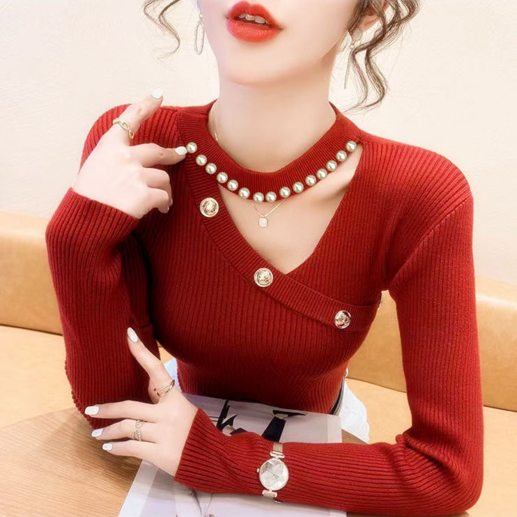 加绒加厚挂脖针织衫女秋冬2023春新款修身镂空毛衣打底衫内搭上衣