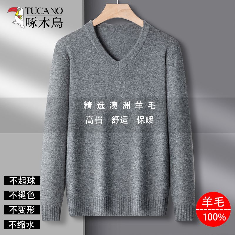 啄木鸟羊毛衫男加厚100%纯羊毛秋冬套头V领中青年毛衣打底针织衫