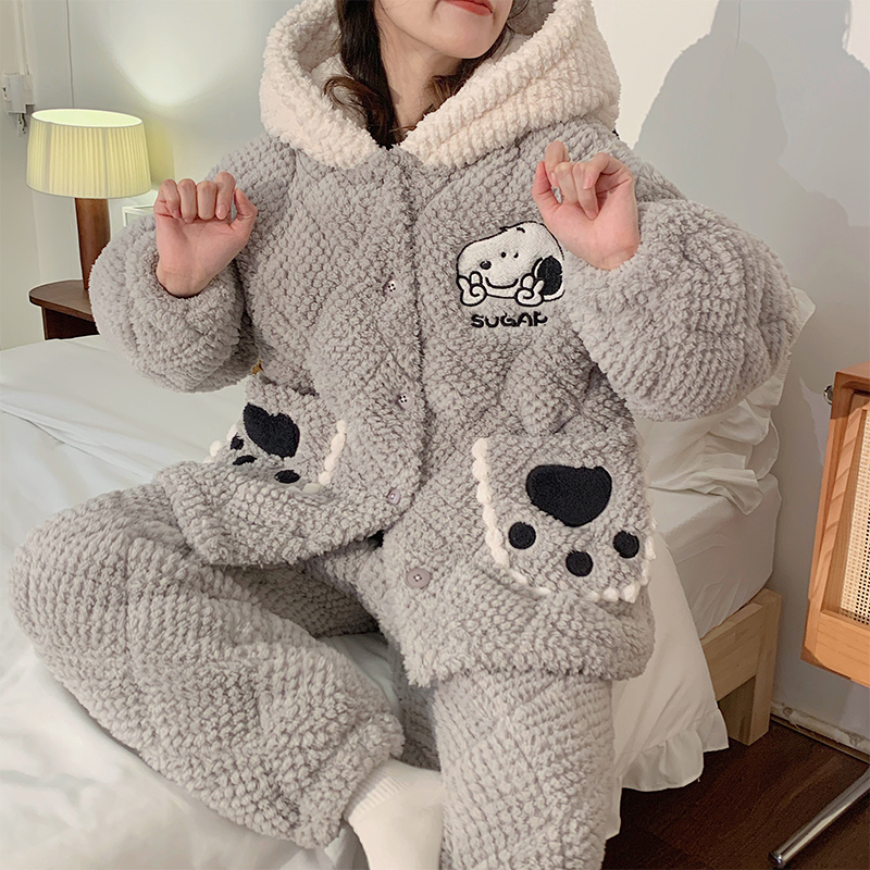 睡衣女冬款2023珊瑚绒加绒加厚法兰绒高颜值三层夹棉家居服两件套