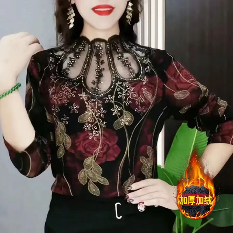 秋冬季衬衫女士新款时尚半高领蕾丝拼接烫钻洋气显瘦长袖打底女款