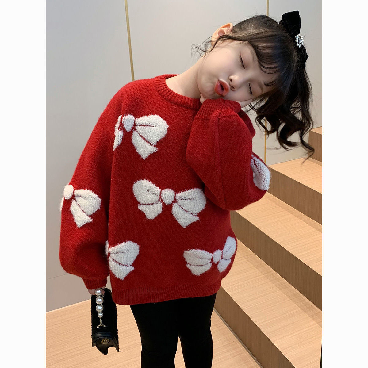 巴拉吧啦女童毛衣2023冬季加绒加厚红色拜年服女孩中大童红色喜庆