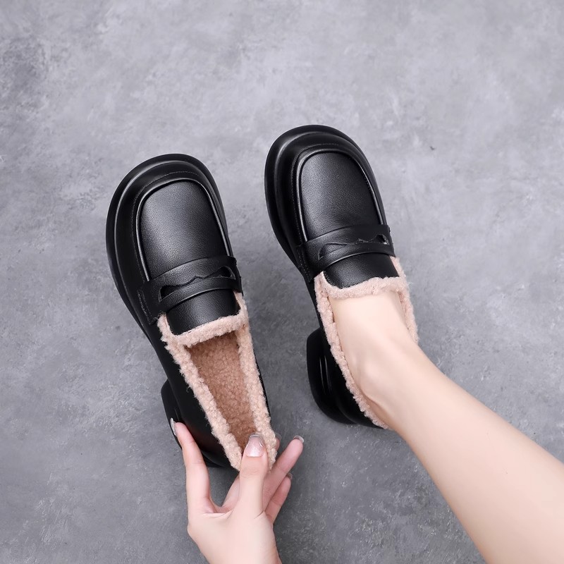 秋冬新款毛毛鞋女外穿厚度软皮舒适百搭乐福鞋一脚蹬平跟加绒单鞋