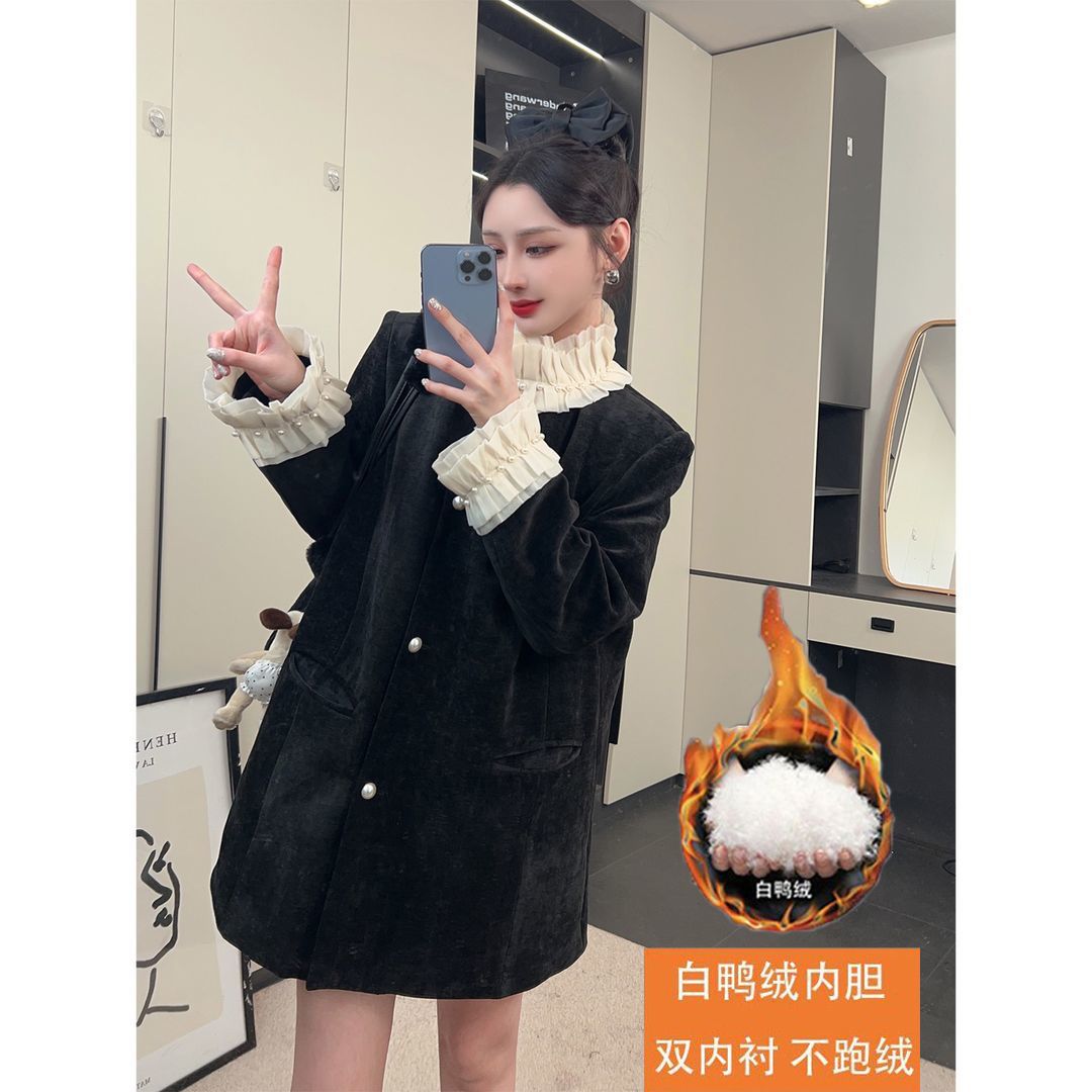 波司断码黑色英伦小香羽绒内胆中长款外套2023年冬季新款珍珠花边