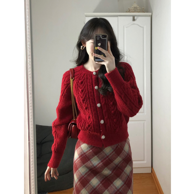 法式复古红毛衣开衫女秋冬季圣诞新年高级感慵懒风长袖针织衫外套