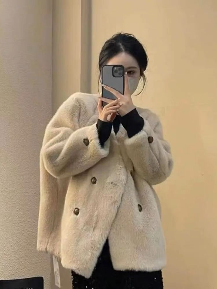 2023冬季年轻新款设计感小众V领宽松大码设计感环保百搭毛毛外套