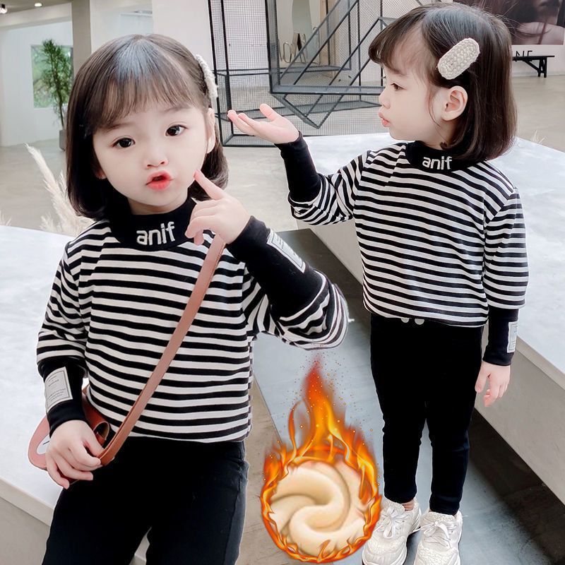 乐宝小童儿童加绒秋冬加厚保暖上衣女童洋气高领宝宝冬条纹打底