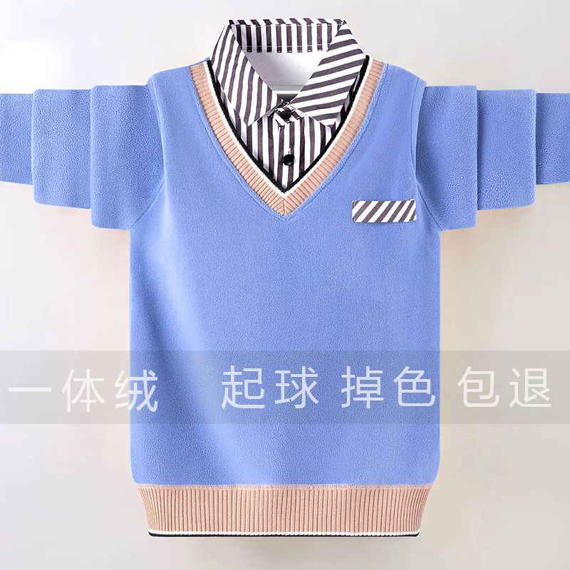 秋冬新款洋气 男童上衣加绒保暖毛衣假两件中大童学生针织打底衫