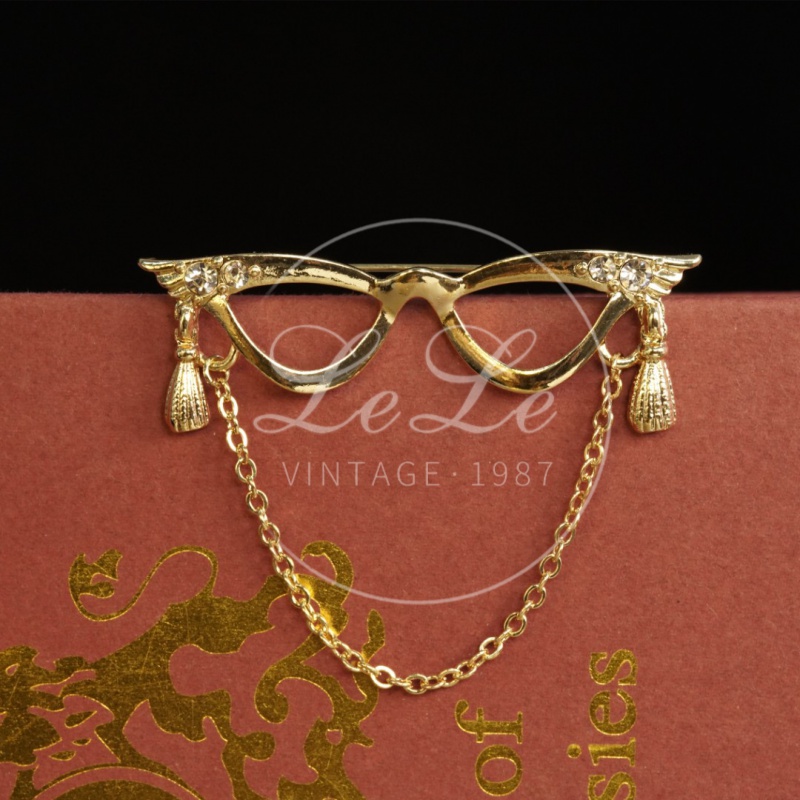 铜合金胸针 《眼镜》胸针 Vintage鎏金莱茵造型眼镜美产打标 3263