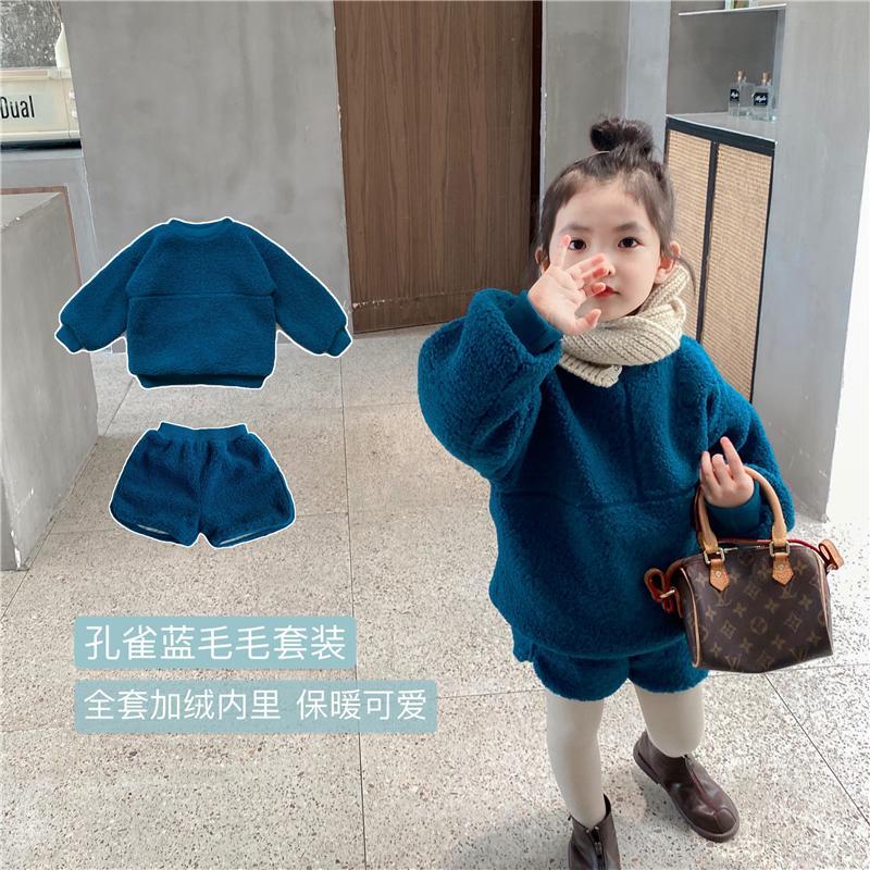 童装冬款时髦洋气两件套小女孩加绒加厚保暖毛绒套装女童套装儿童