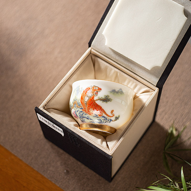 福虎品茗主人杯羊脂玉白瓷五虎功夫茶杯单杯茶盏生肖礼品套装