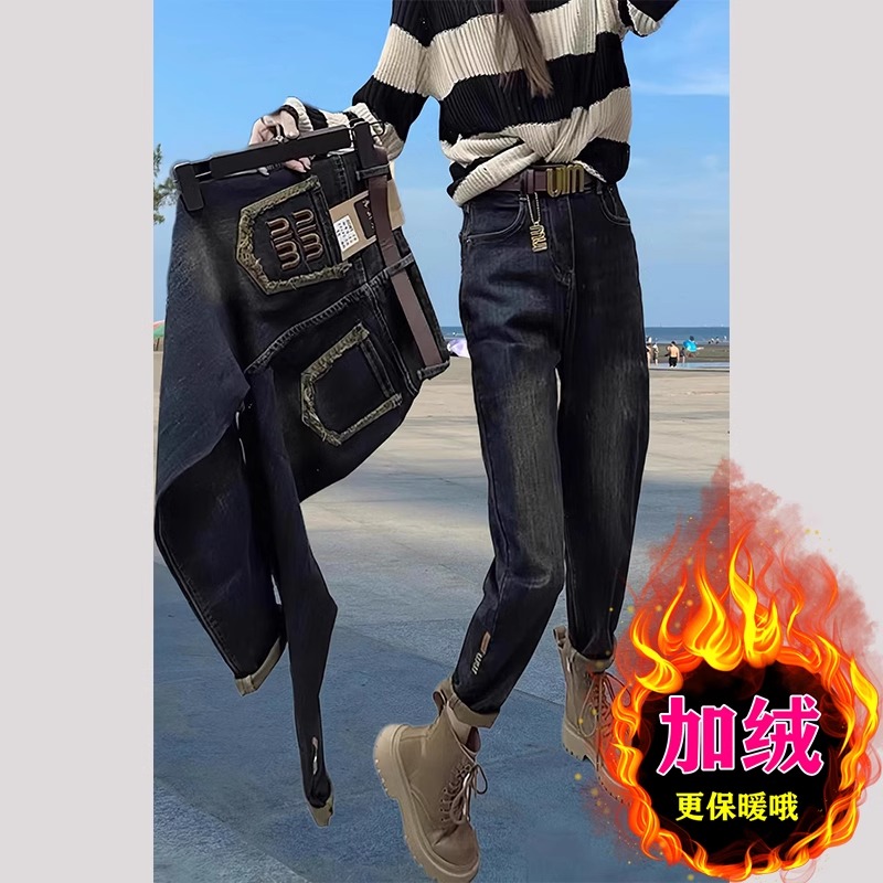 老爹裤女加绒加厚裤子女冬季哈伦裤弹力牛仔裤高腰大码直筒九分裤