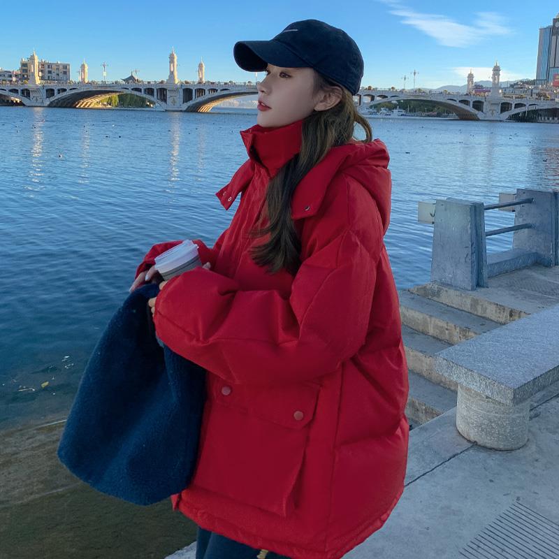 大红色棉衣女冬季2023新款韩版设计感小众小长款羽绒服小个子连帽