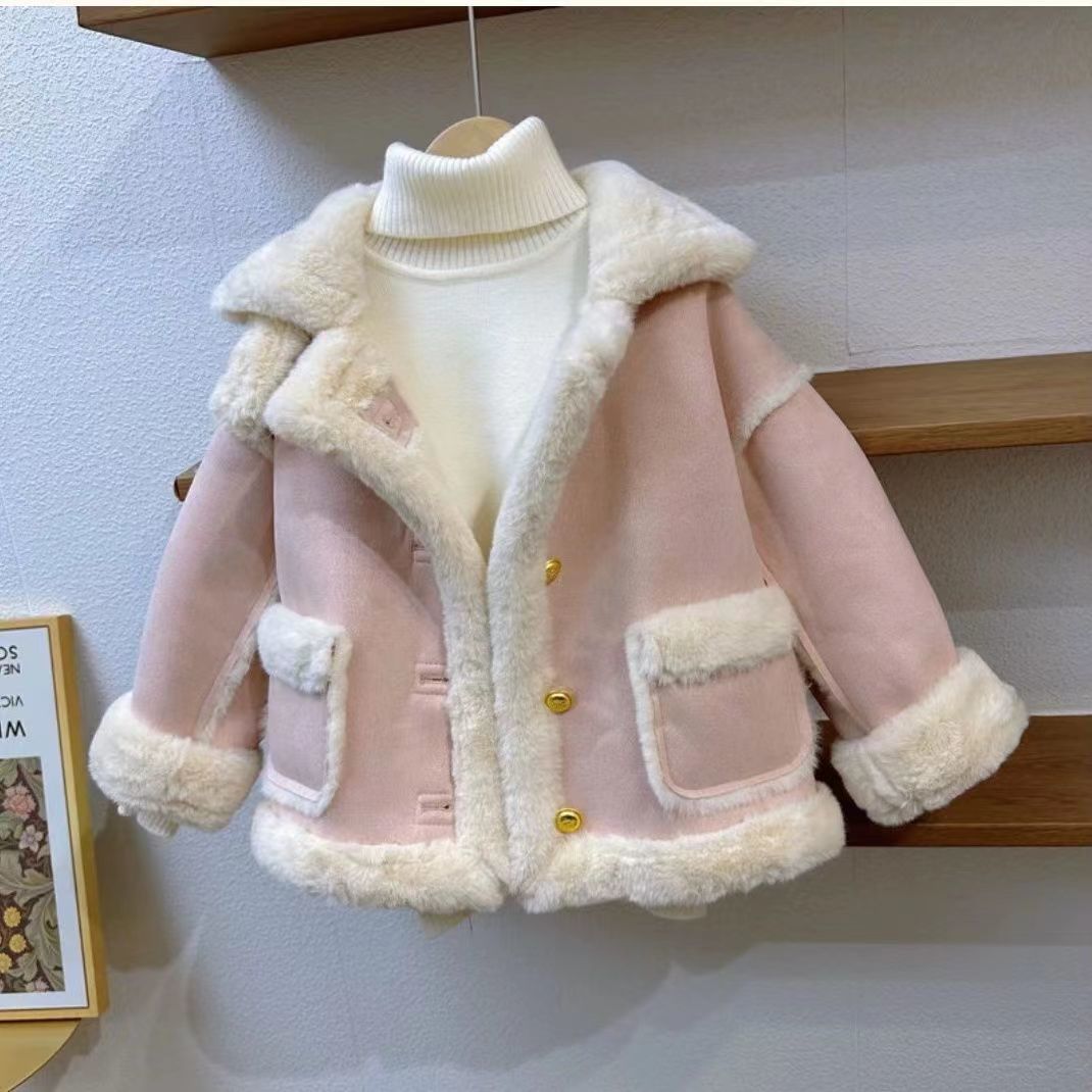 女童皮毛一体外套秋冬款儿童韩版洋气大衣女宝宝冬季加厚上衣女孩