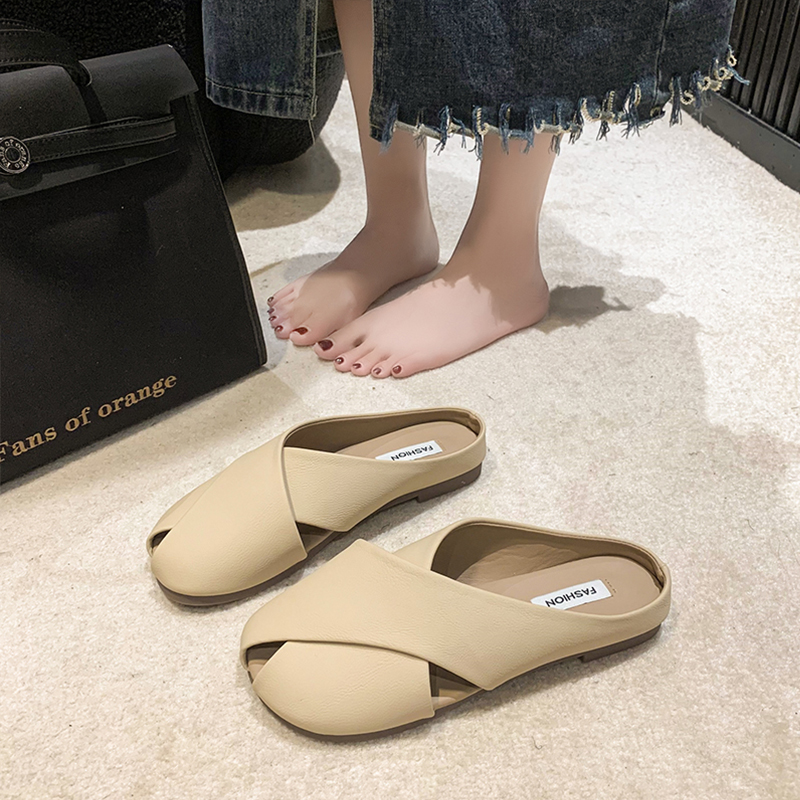 法式包头半拖鞋女夏外穿2023新款时尚百搭平底懒人穆勒凉拖鱼嘴鞋