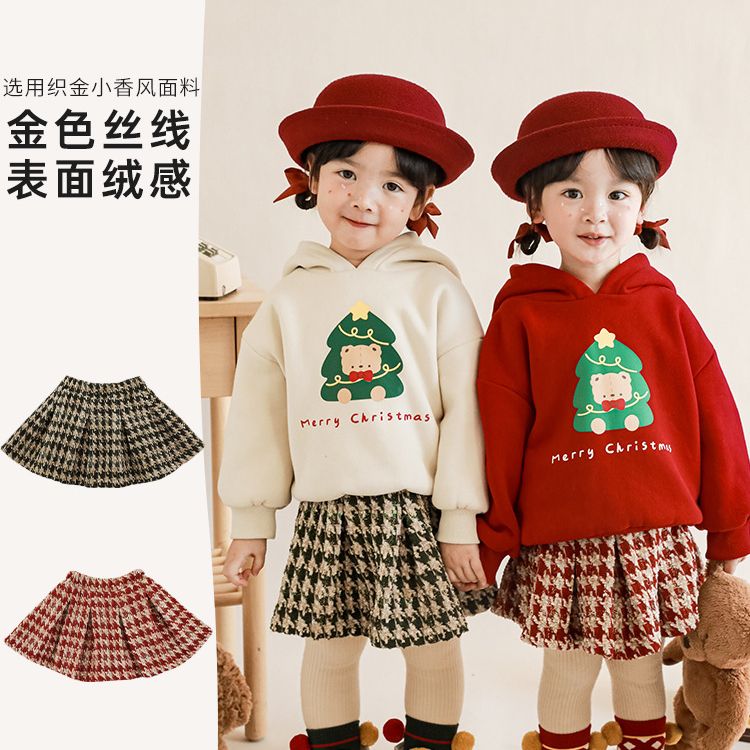 【品牌】冬季新款宝宝加绒圣诞连帽卫衣儿童加厚套装女童小香风千