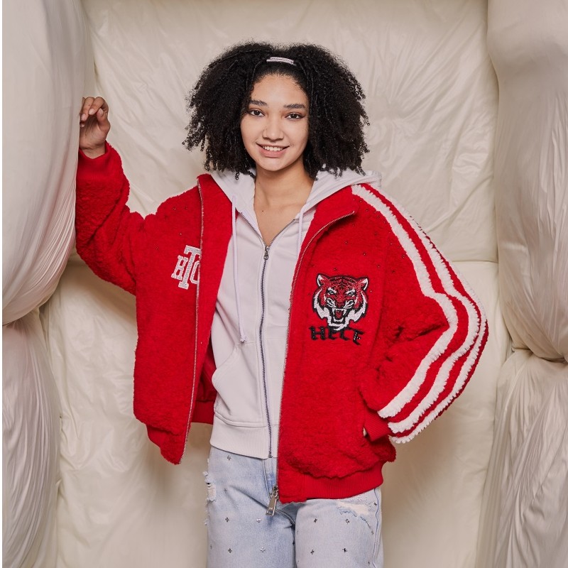 TCH勒泰-TCH轻奢潮牌2023年冬季新品红色颗粒绒外套S69D276038