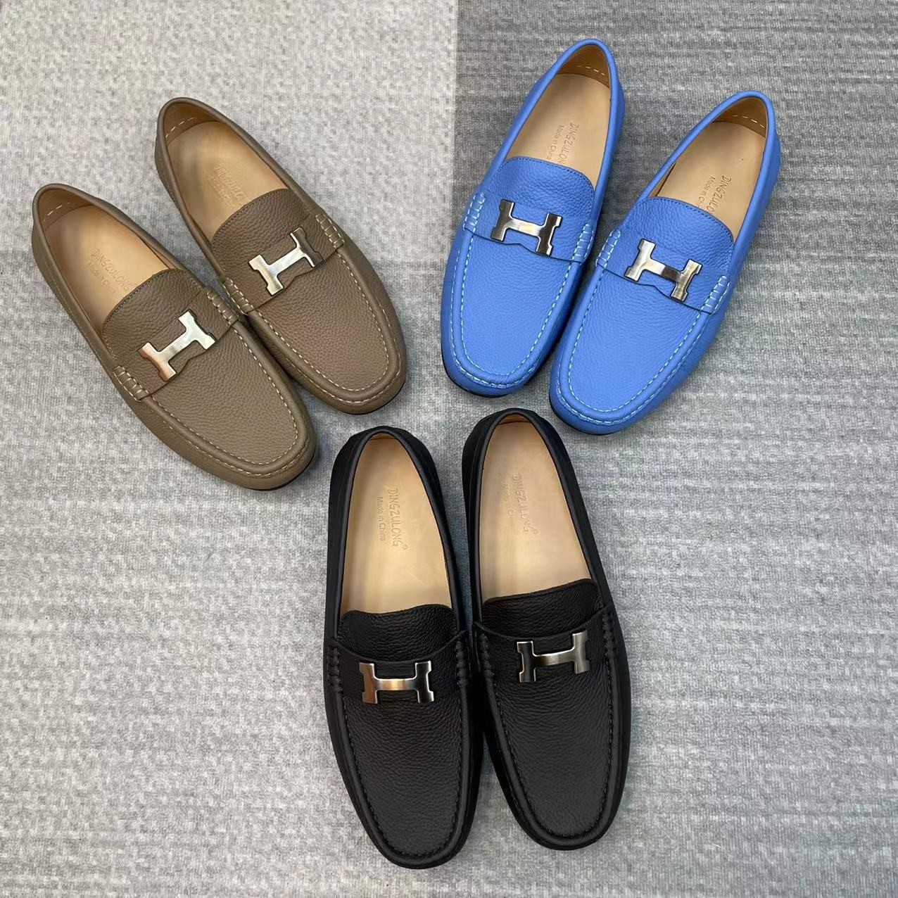 Rain look2022年夏季新款时尚真皮手工豆豆鞋H标头层小牛皮驾车鞋