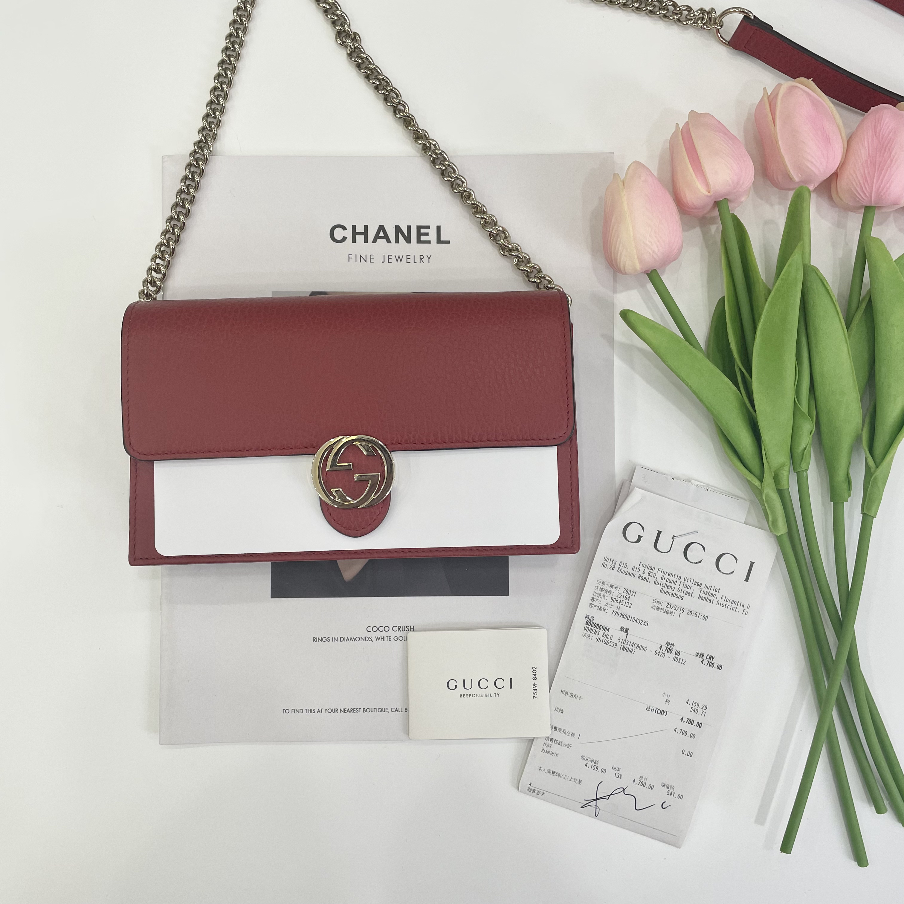 99新 GUCCI/古驰 古驰双G信封WOC酒红色经典百搭