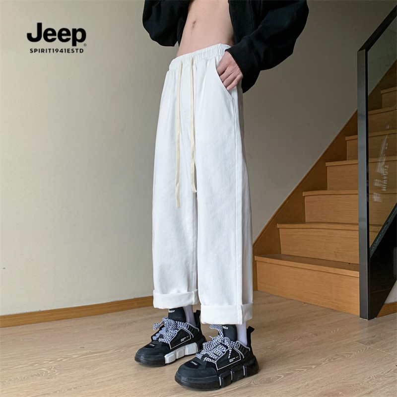 JEEP吉普白色牛仔裤男春季松紧腰宽松直筒阔腿裤春秋美式潮牌高街