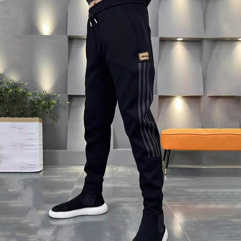 潮牌轻奢男士加绒裤子男款秋冬款男装条纹休闲裤男百搭运动卫裤男
