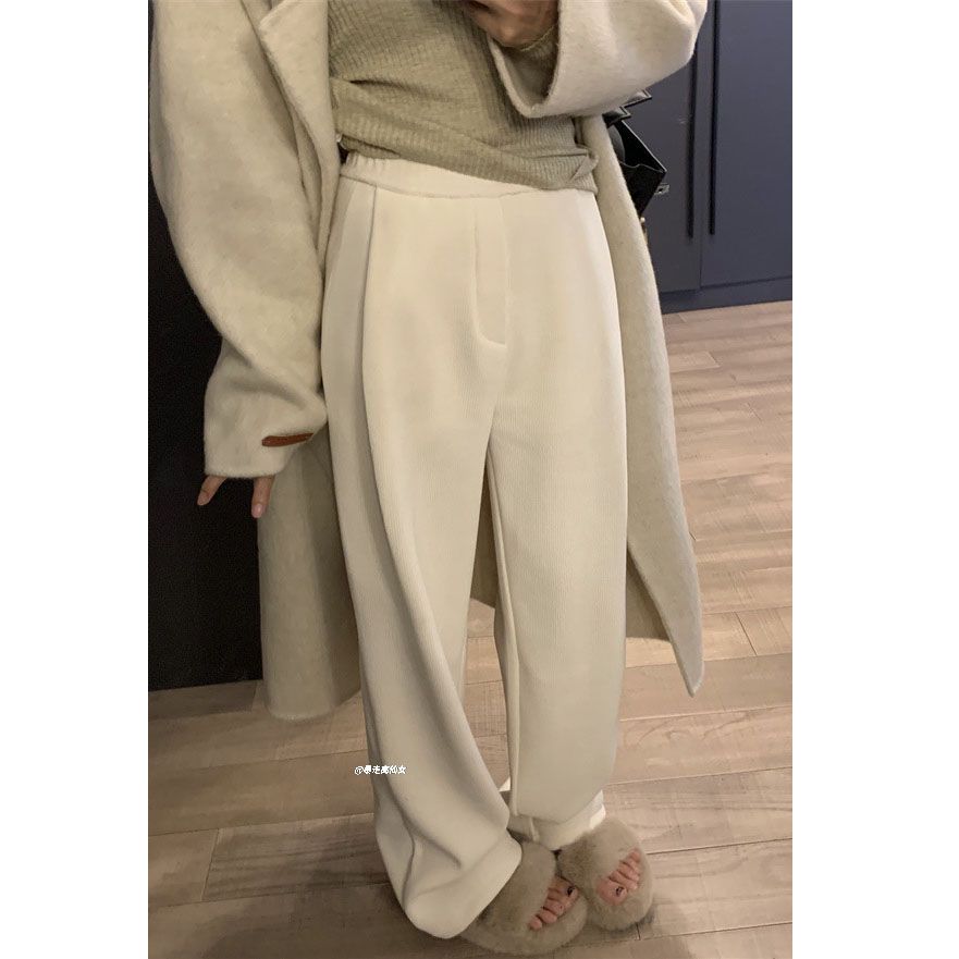 高个子秋冬高腰加绒加长175加厚乳白色直筒裤女休闲宽松拖地长裤