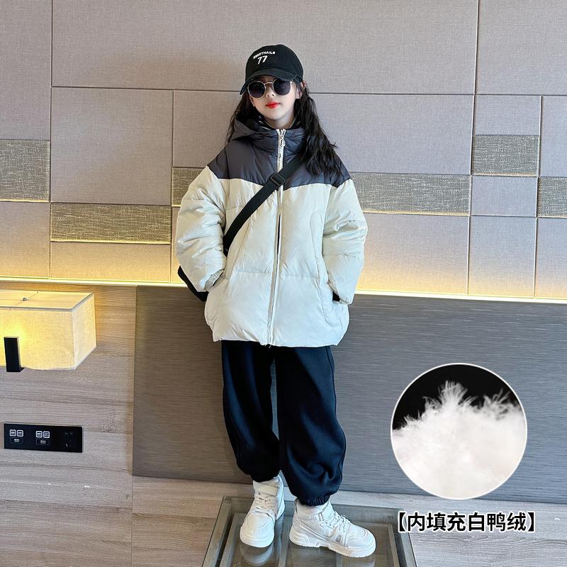安踏流行儿童羽绒服女2023新款女大童双面穿杜邦三防90白鸭绒连帽