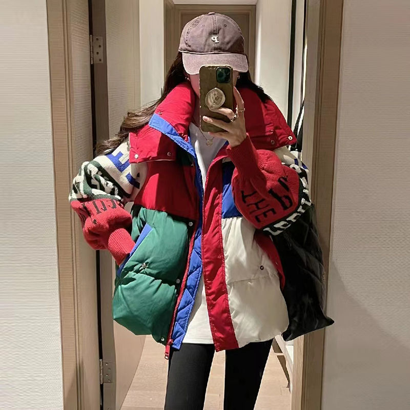 波司澄撞色拼接针织袖洋气羽绒服女欧洲站2023冬装新款欧货设计感
