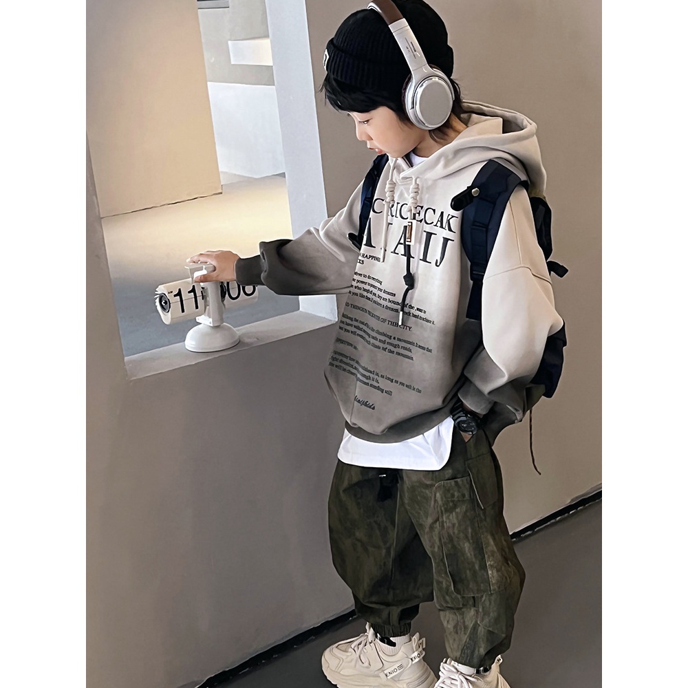 男童连帽卫衣套装儿童秋季2023新款中大童工装裤子时髦炸街两件套