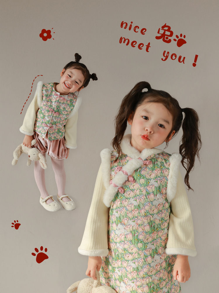 保暖中小童装兔子旗袍背心裙2023民国风冬新款甜美棉服超仙拜年服