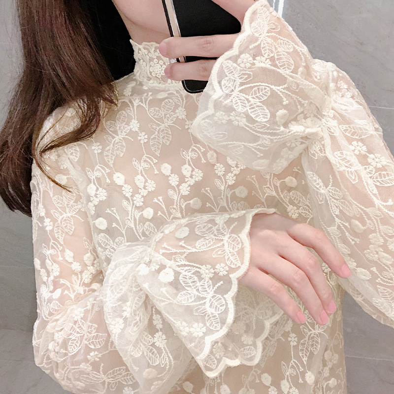春秋网纱上衣蕾丝打底衫搭毛衣内搭仙气公主风甜美加绒女长袖洋气