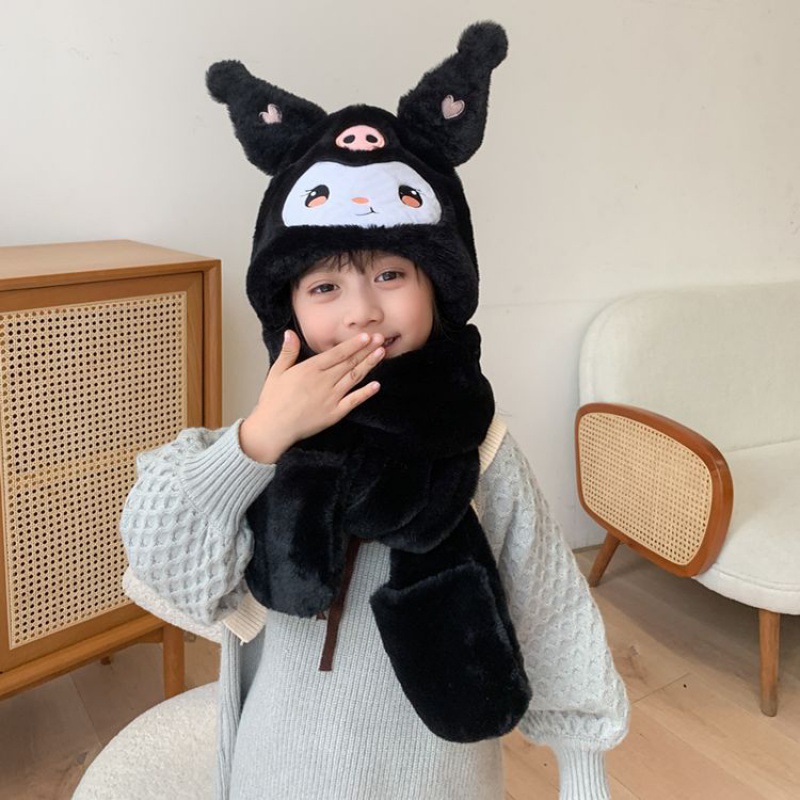 儿童围巾帽子手套三件套一体秋冬学生显白防风保暖卡通毛毛黑围脖