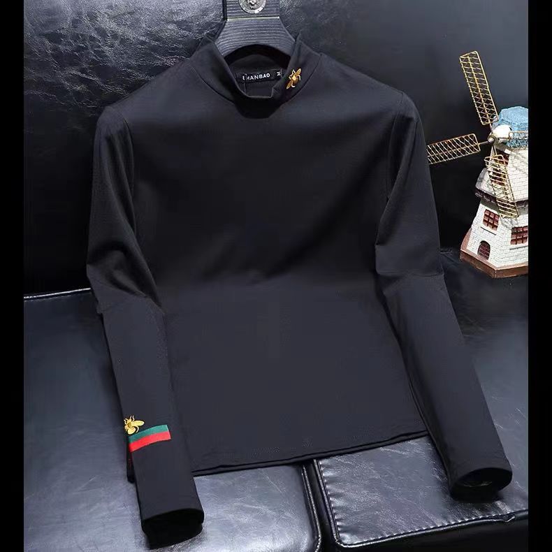 【小扬直播推荐】欧货秋冬新款小蜜蜂刺绣半高领长袖T恤男时尚潮流