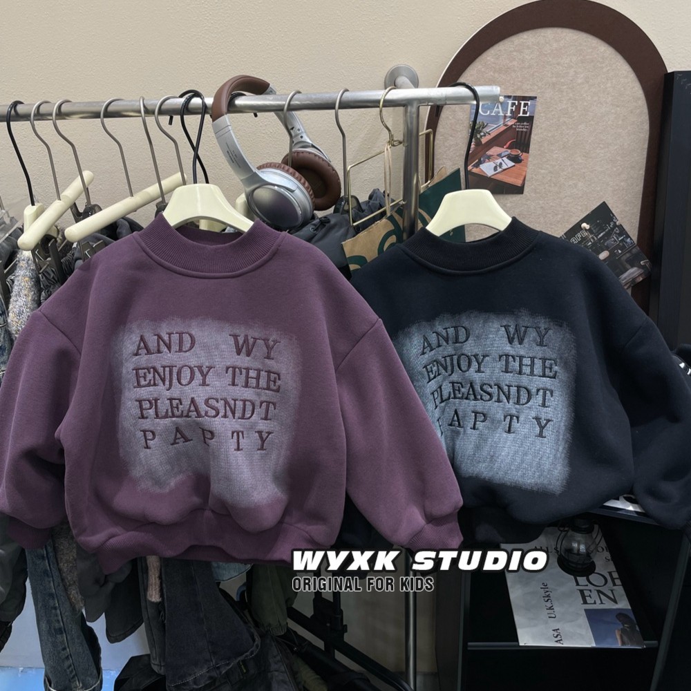 【加绒加厚】男童韩版一体羊羔绒卫衣2023冬季新款儿童字母绣花喷