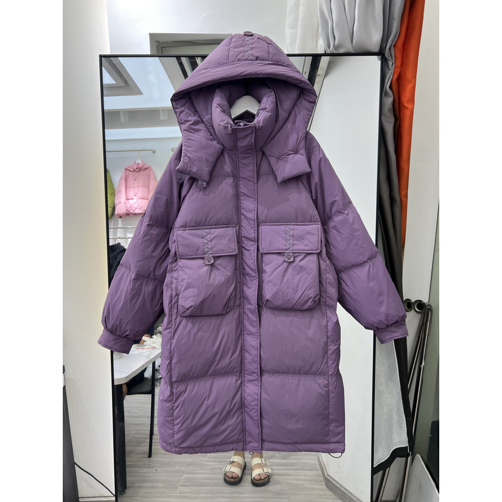 2023年韩版反季新款羽绒服女中长款连帽白鸭绒过膝加厚宽松霏